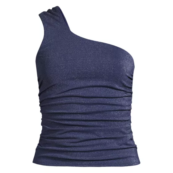 Women's Chlorine Resistant Shine Shirred One Shoulder Tankini Swimsuit Top - primary