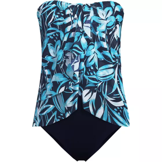 Women's Long Torso Chlorine Resistant Mesh Bandeau High Leg Fauxkini One Piece Swimsuit - primary