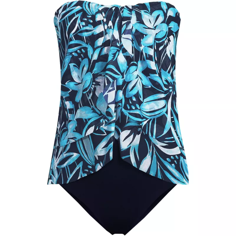 Women's Long Torso Chlorine Resistant Mesh Bandeau High Leg Fauxkini One Piece Swimsuit, Front