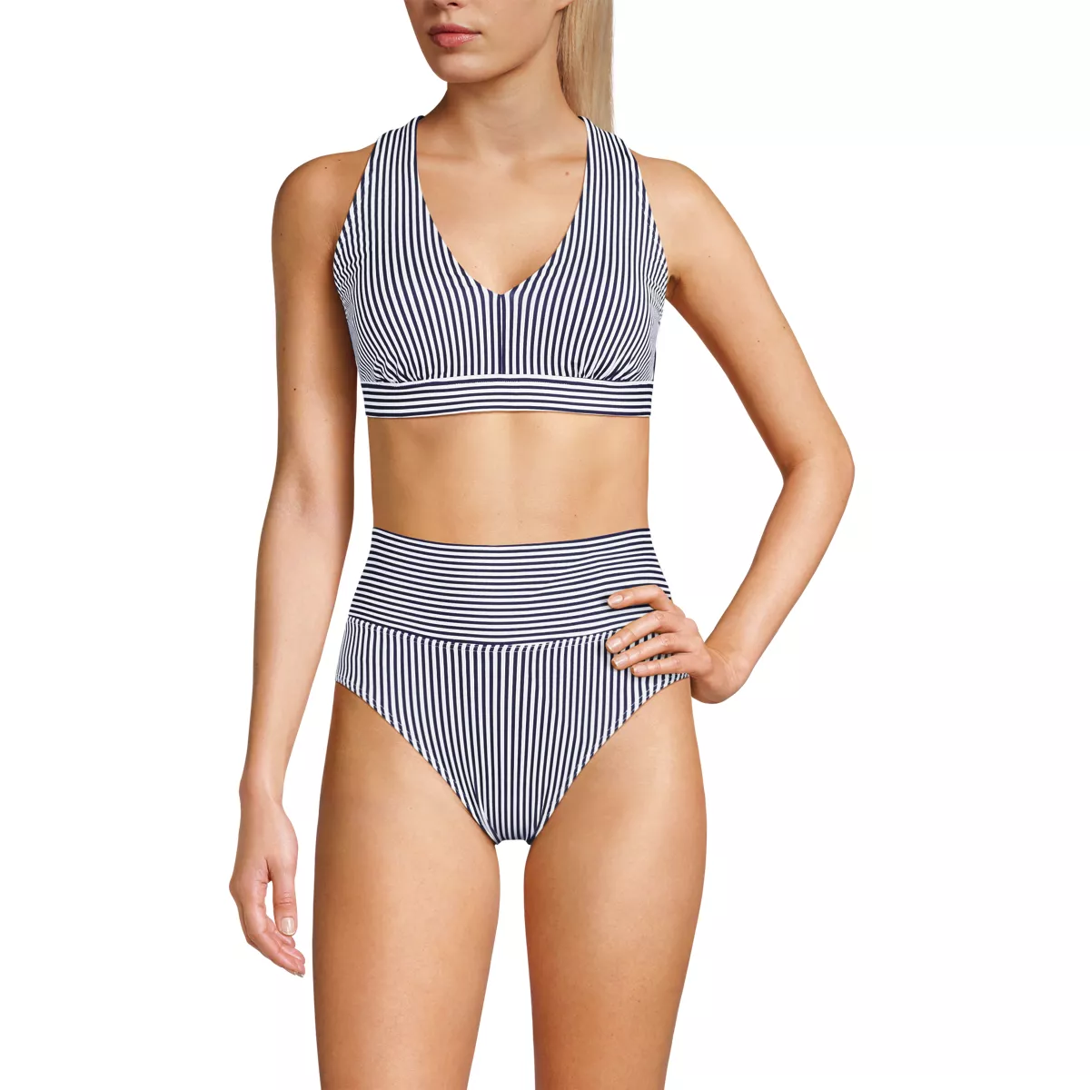 Women's Chlorine Resistant V-neck Midkini Swimsuit Top and High Leg High Waisted Bottoms 2 Piece Set