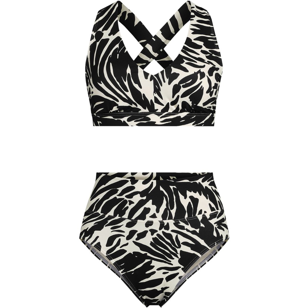 Women's Chlorine Resistant V-neck Midkini Swimsuit Top and High Leg High Waisted Bottoms 2 Piece Set