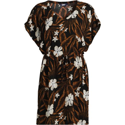 Women's Crinkle Rayon Short Sleeve Gathered Waist Kaftan Swim Cover-up Dress
