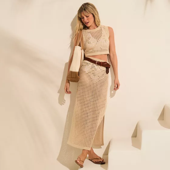 Women's Cotton Open Knit Maxi Swim Cover-up Skirt - primary