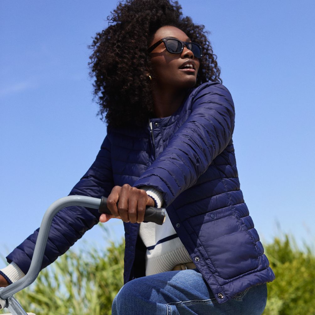 Collarless down coat hotsell