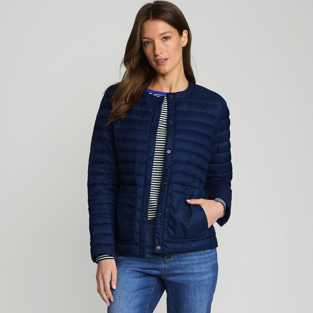 Collarless down coat sale