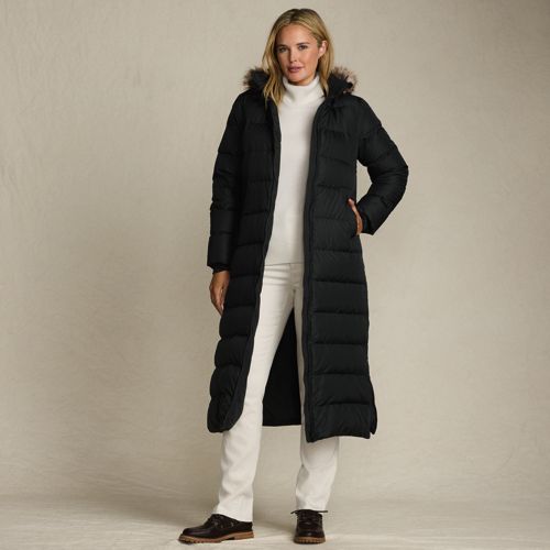 Hooded Maxi Down Coat, Women, size: 1X, plus, Black, Polyester, by Lands' End