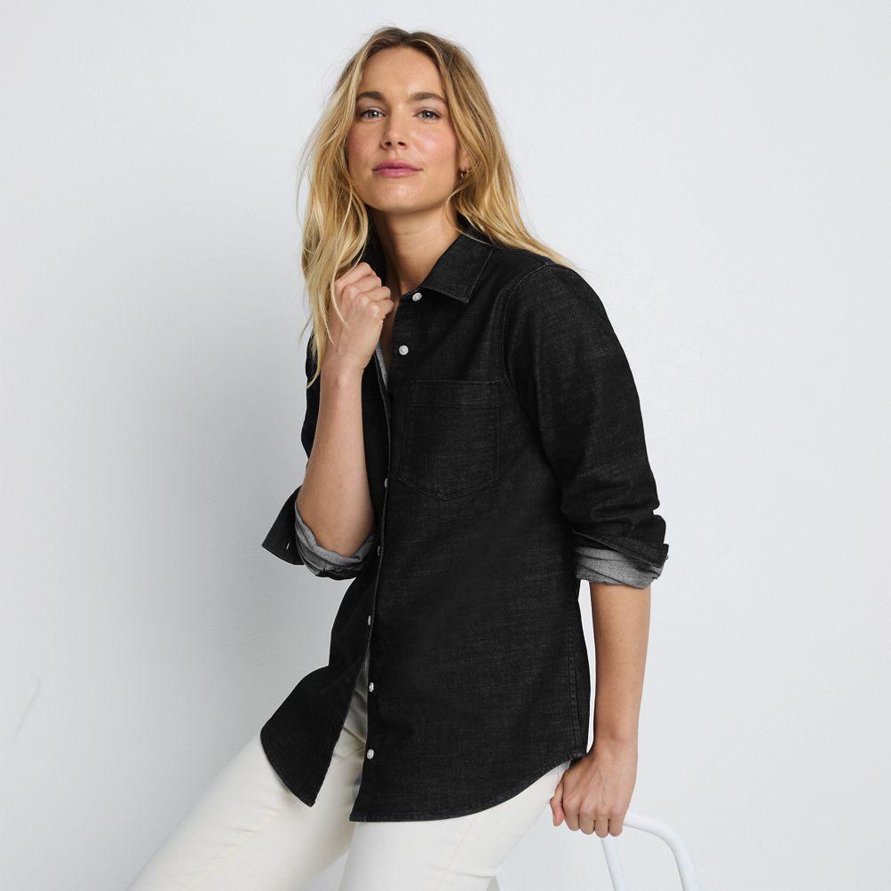 Women s Black Denim Button Front Shirt Lands End