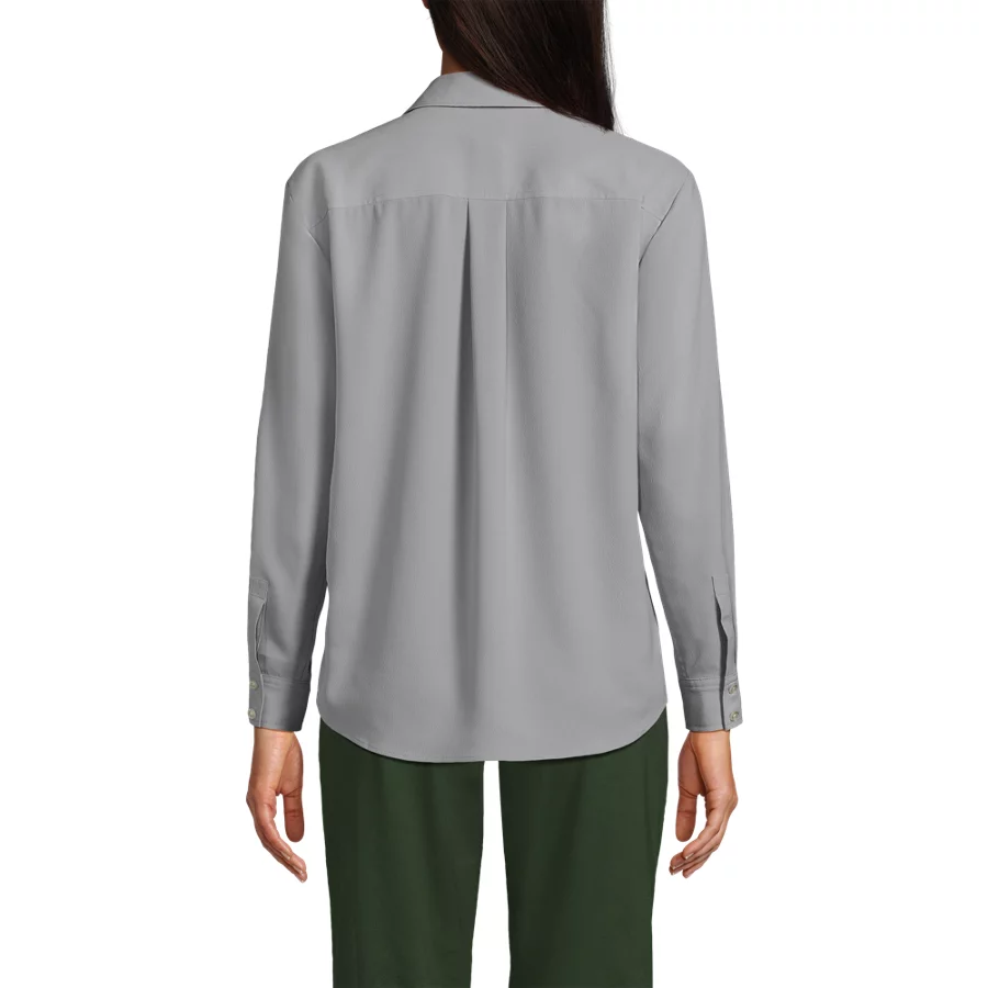 School Uniform Women's Long Sleeve Polo Collar Popover Crepe Blouse