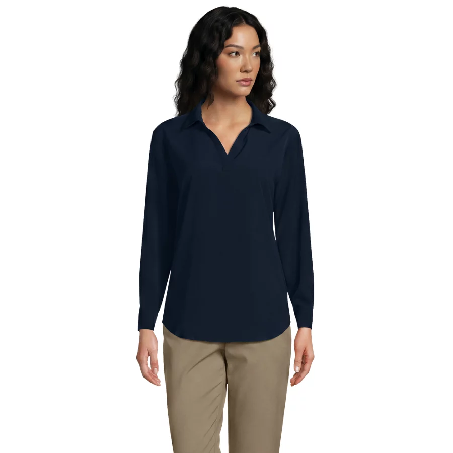 School Uniform Women's Long Sleeve Polo Collar Popover Crepe Blouse view 2