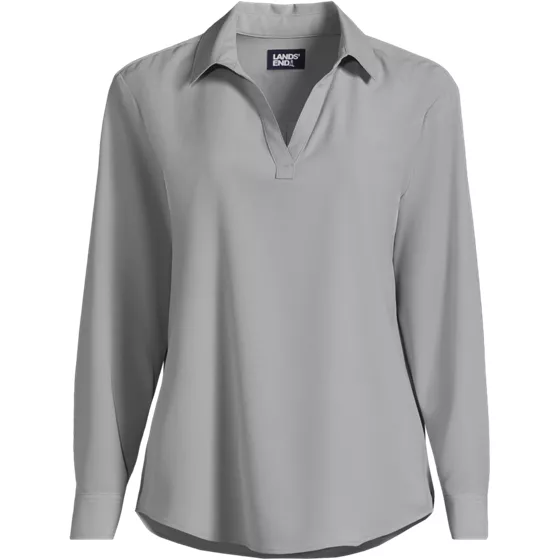 School Uniform Women's Long Sleeve Polo Collar Popover Crepe Blouse - primary