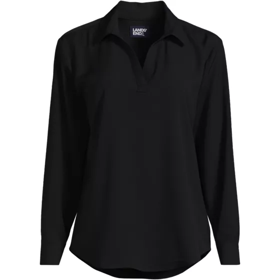 School Uniform Women's Long Sleeve Polo Collar Popover Crepe Blouse - primary