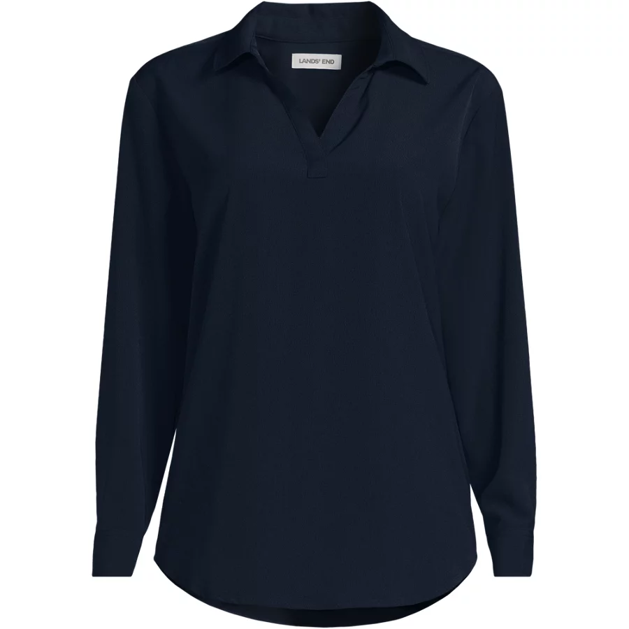 School Uniform Women's Long Sleeve Polo Collar Popover Crepe Blouse view 3