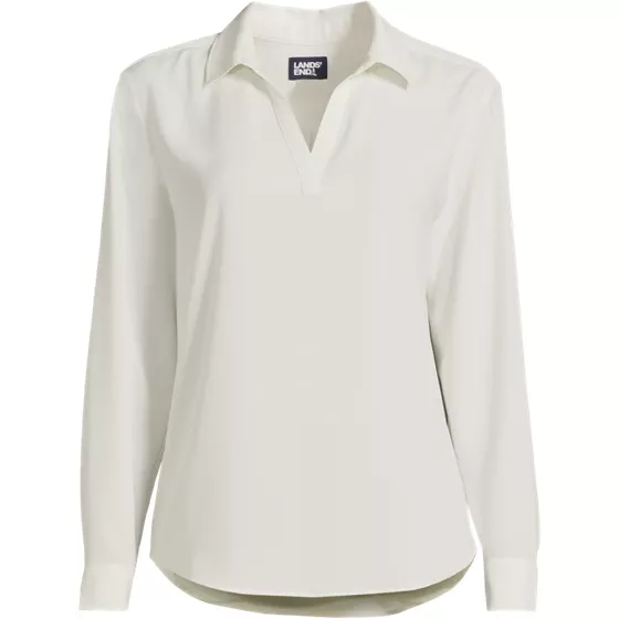 School Uniform Women's Long Sleeve Polo Collar Popover Crepe Blouse - primary