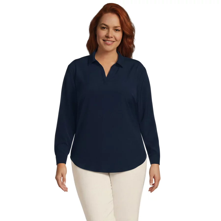 School Uniform Women's Long Sleeve Polo Collar Popover Crepe Blouse view 5