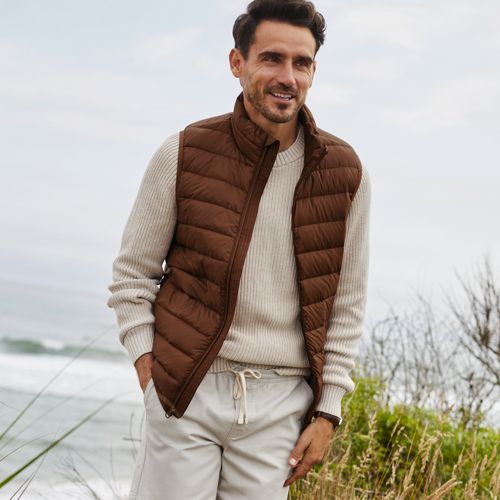 Wanderweight Down Ultralight Packable Gilet, Men, size: M, regular, Brown, Polyester/Nylon/Down, by Lands' End