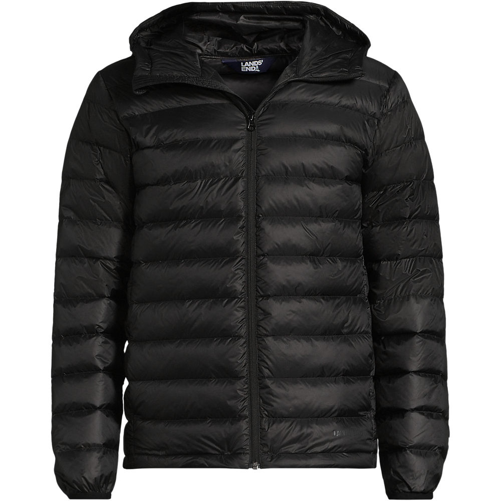 Wanderweight Down Ultralight Packable Hooded Jacket, Men, size: M, regular, Black, Polyester/Nylon, by Lands' End