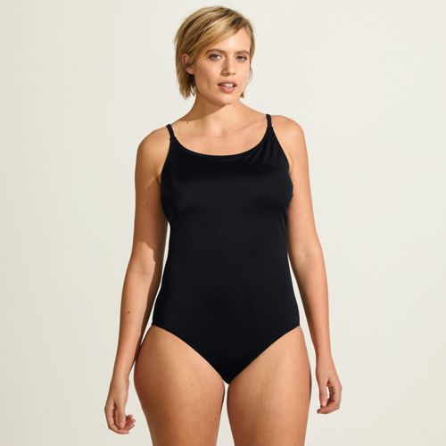 Tugless Thin Strap Swimsuit, High Leg, Women, size: 24, plus, Black, Nylon-blend, by Lands' End