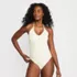 Women's Ruched Multi-Way V-Neck Halter High Leg One Piece Swimsuit, Front
