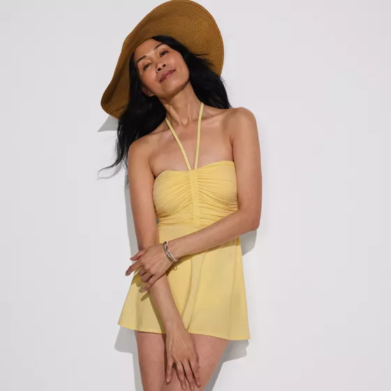 Women's Ruched Multi-Way Mini Swim Dress Swimsuit - primary