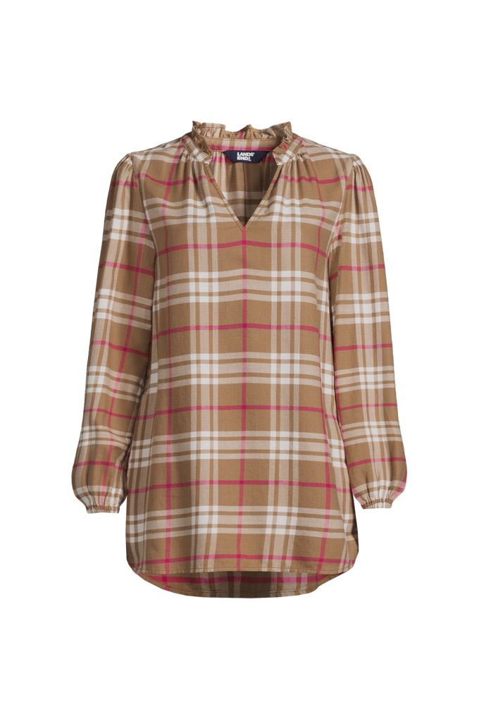 Lands' End Women's Brushed Flannel Ruffle Split Neck Tunic In Tan