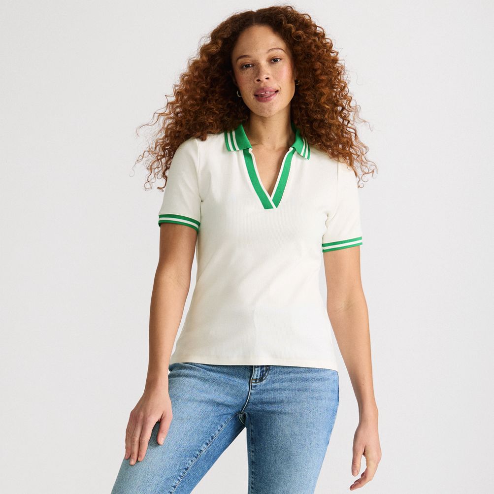 トップス Lands' End border polo L/S Women's Wide Rib Polo Shirt | Lands' End