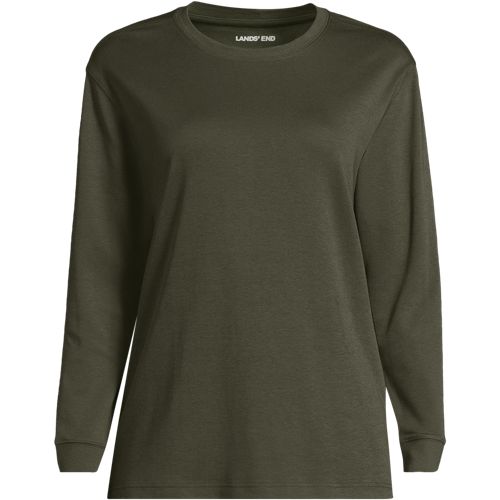 Long Sleeve Cotton Interlock Crew Neck Top, Women, size: 2X, plus, Green, Cotton/Spandex, by Lands' End