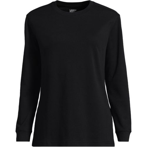 Long Sleeve Cotton Interlock Crew Neck Top, Women, size: 1X, plus, Black, Cotton/Spandex, by Lands' End