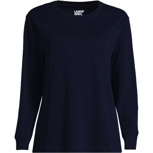 Long Sleeve Cotton Interlock Crew Neck Top, Women, size: 3X, plus, Blue, Cotton/Spandex, by Lands' End