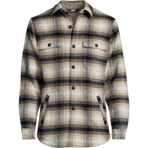 Super Brushed Flannel and Quilted Shirt Jacket, Men, size: L, regular, Black, Wool-blend/Poly-blend, by Lands' End