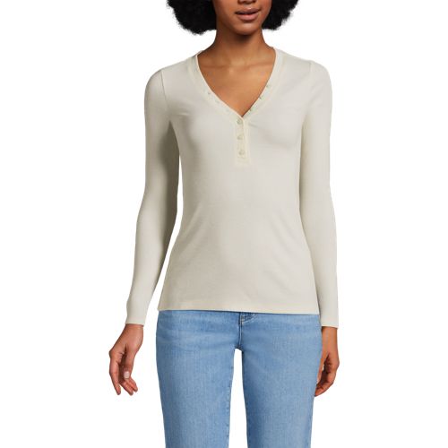  Lands' End Fließendes Doppeljersey-henleyshirt, Damen, Größe:44-46 Regular, Weiß, Elasthan/polyester/viskose, By Lands' End 