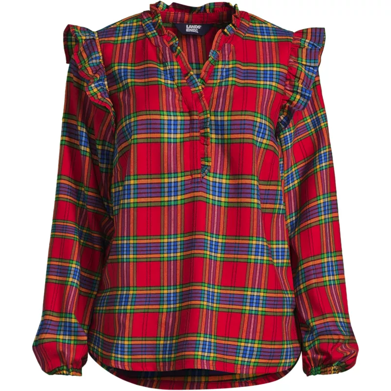 Women's Ruffle Front Flannel Popover Blouse, Front
