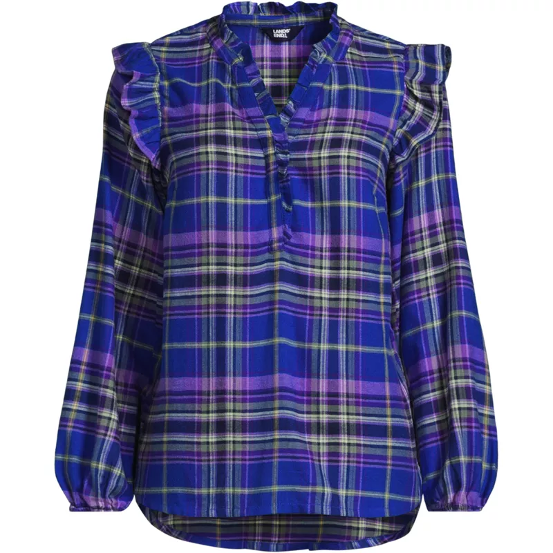 Women's Ruffle Front Flannel Popover Blouse, Front