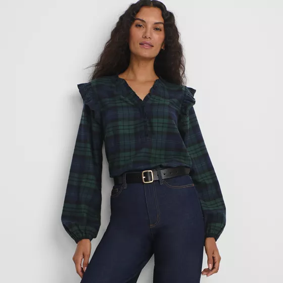 Women's Ruffle Front Flannel Popover Blouse - primary