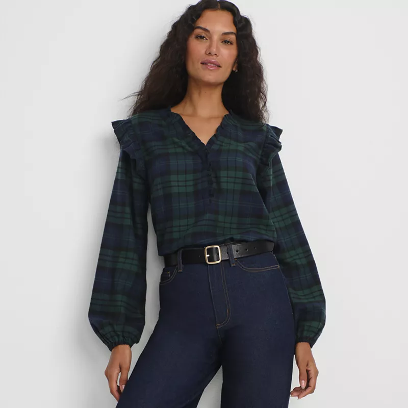Women's Ruffle Front Flannel Popover Blouse, alternative image