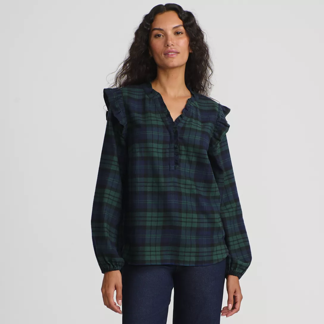 Women's Ruffle Front Flannel Popover Blouse