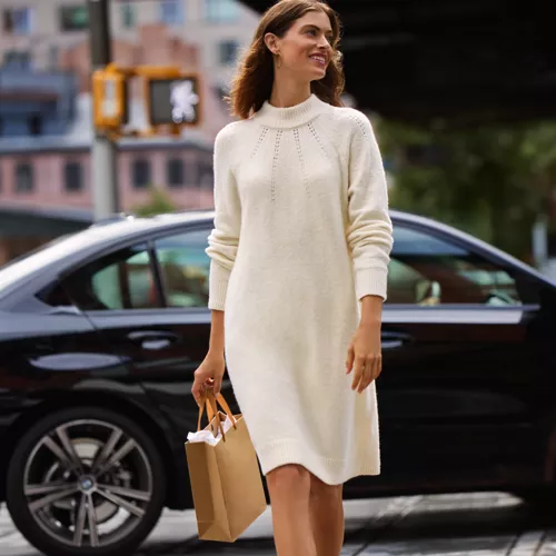 Women's Boucle Long Sleeve Raglan Mock Neck Sweater Dress, alternative image