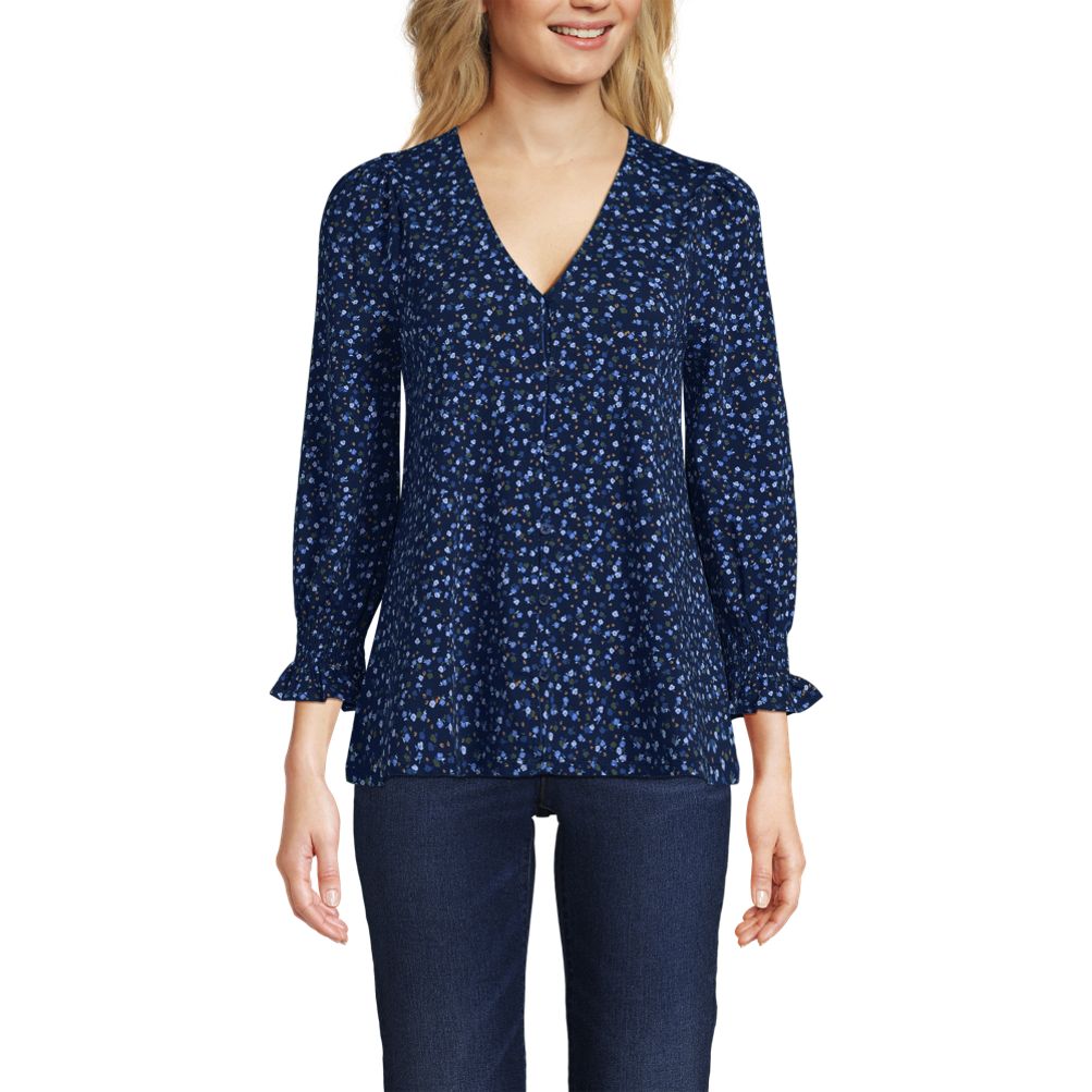 売れ筋商品|||ランズエンド カットソー トップス レディース Women's Plus Size 3/4 Sleeve Lightweight Jersey Button Front Top Heritage red painted flower Women's 3/4 Sleeve Lightweight Jersey Button Front Top