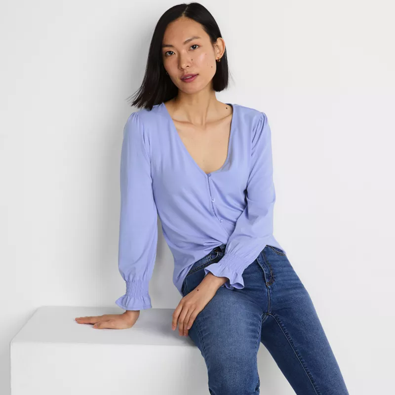 Women's 3/4 Sleeve Lightweight Jersey Button Front Top, alternative image