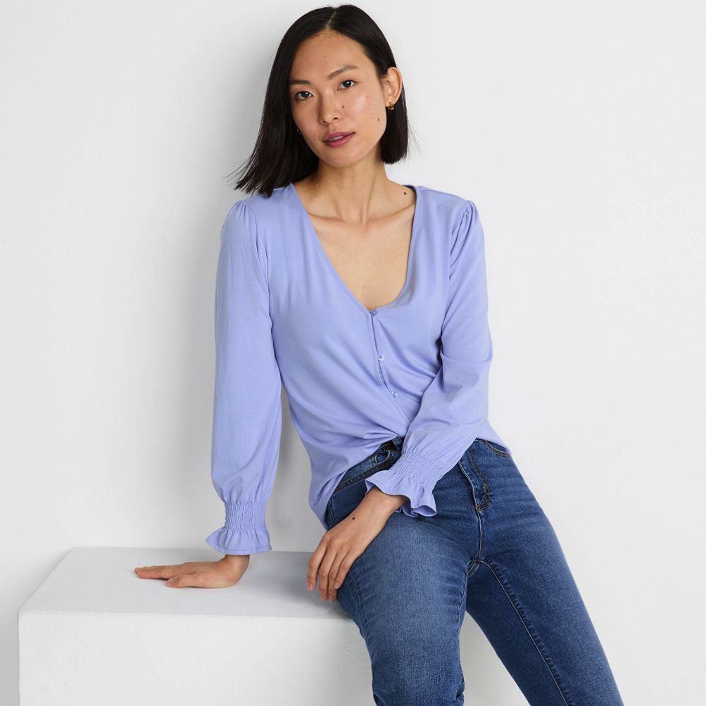 売れ筋商品|||ランズエンド カットソー トップス レディース Women's Plus Size 3/4 Sleeve Lightweight Jersey Button Front Top Light cornflower Lands' End Women's Plus Size 3/4 Sleeve Lightweight Jersey
