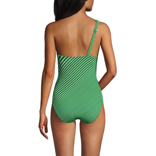 Women's Chlorine Resistant Shirred One Shoulder One Piece Swimsuit Removable Adjustable Strap, Back