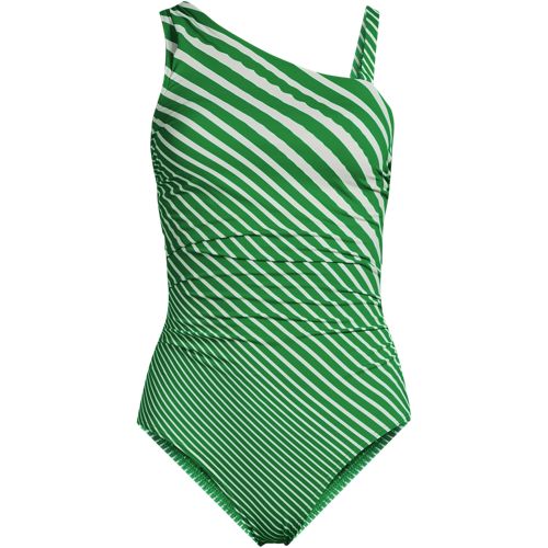 Women's Chlorine Resistant Shirred One Shoulder One Piece Swimsuit Removable Adjustable Strap, Front