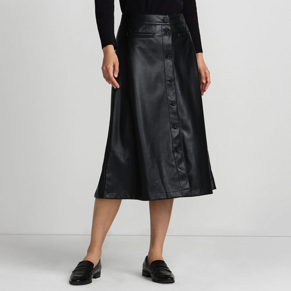 Women's Faux Leather Button Front Midi Skirt Lands' End