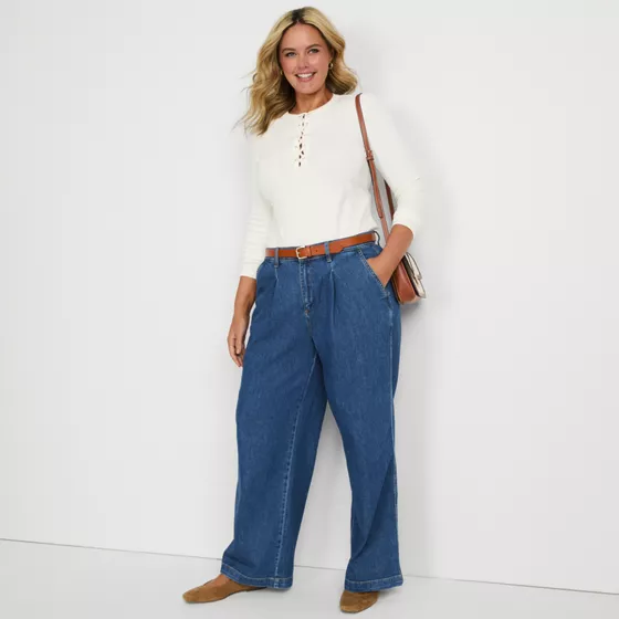 Women's Plus Size High Rise Soft Denim Pleated Wide Leg Trousers - primary