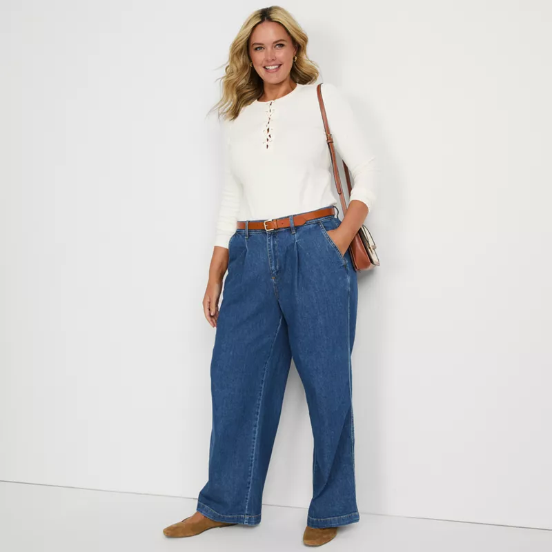 Women's Plus Size High Rise Soft Denim Pleated Wide Leg Trousers, alternative image