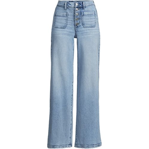 Women's Denim High Rise Button Front Patch Pocket Wide Leg Jeans, Front