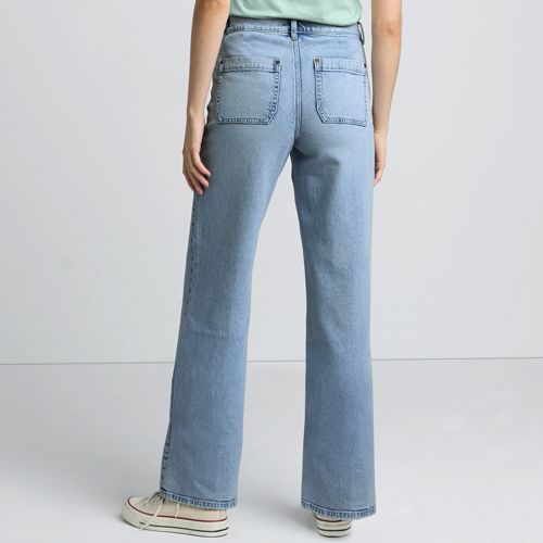 Women's Denim High Rise Button Front Patch Pocket Wide Leg Jeans, Back