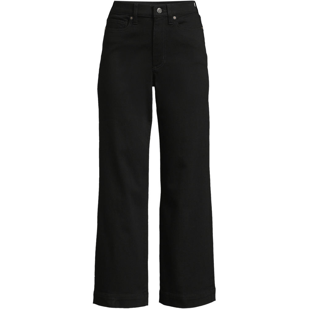 Denim Wide Leg Cropped Jeans, High Waisted, Women, size: 14, petite, Black, Spandex/Viscose/Cotton-blend, by Lands' End