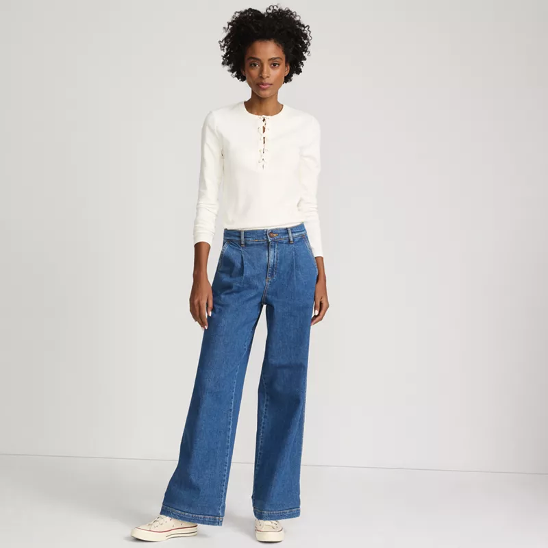 Women's Petite High Rise Soft Denim Pleated Wide Leg Trousers, alternative image