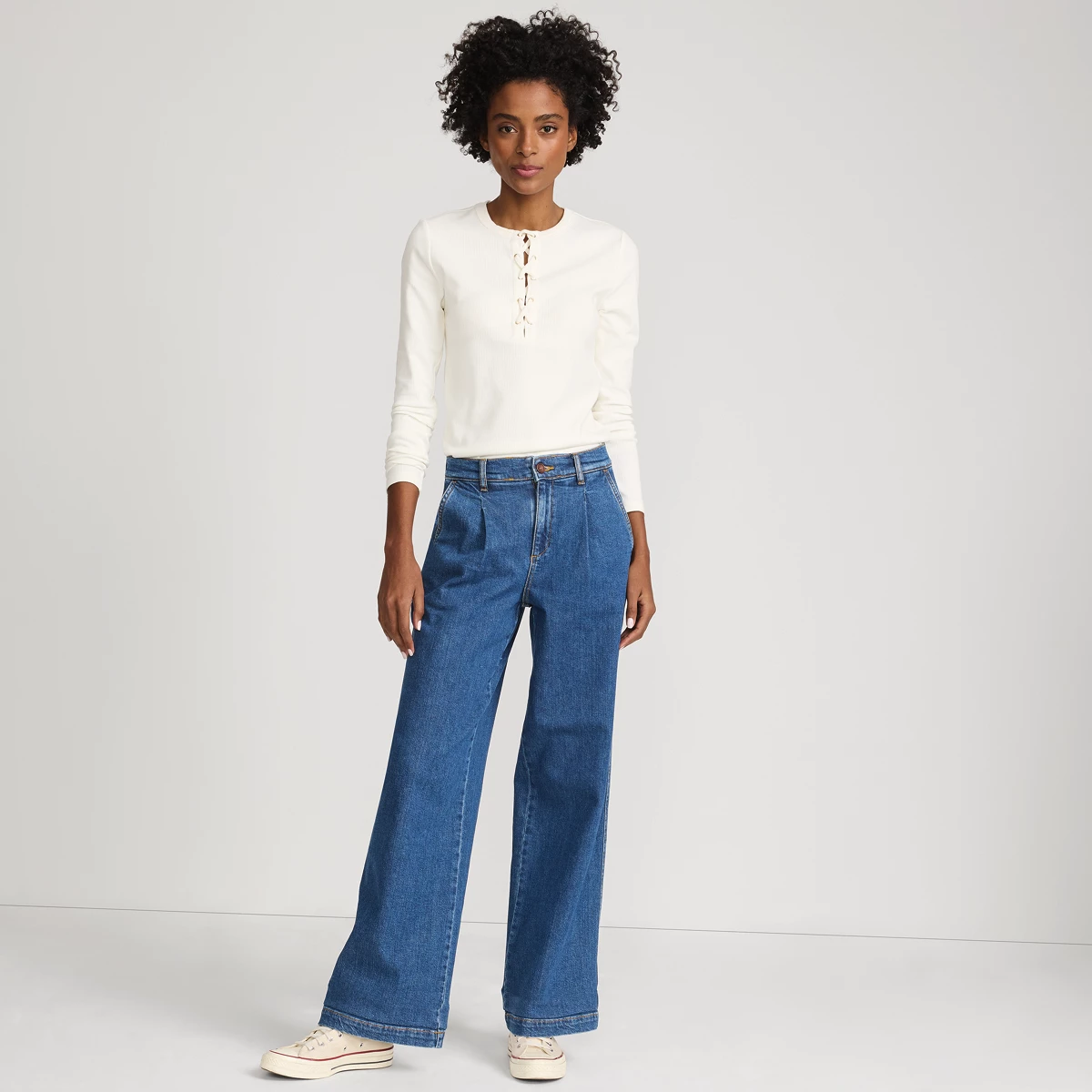 Women's Tall High Rise Soft Denim Pleated Wide Leg Trousers — Indigo Tide Blue by Lands' End