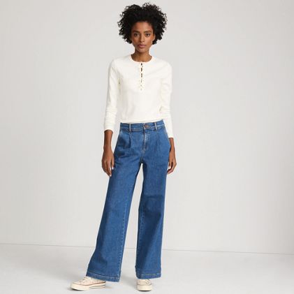 Women's Tall High Rise Soft Denim Pleated Wide Leg Trousers - primary